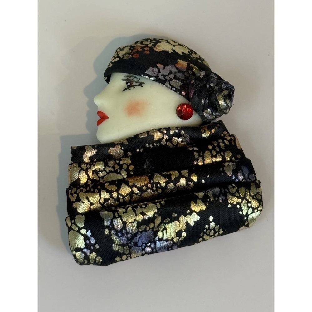 Vintage Art Deco Style Lady Brooch Black Gold Foil Scarf Hat Red Rhinestone Pin